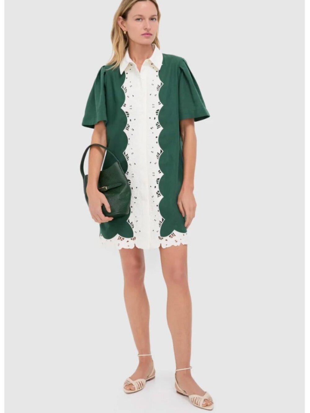Tuckernuck Dark Green Eyelet Trim Cotton Linen Delilah Dress